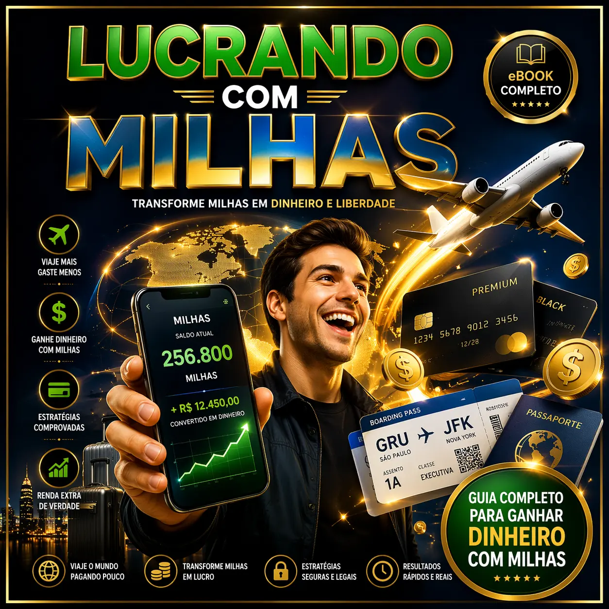 CELULAR COM APLICATIVO DE MILHAS AÉREAS E PASSAPORTE REPRESENTANDO O MÉTODO LUCRANDO COM MILHAS.
