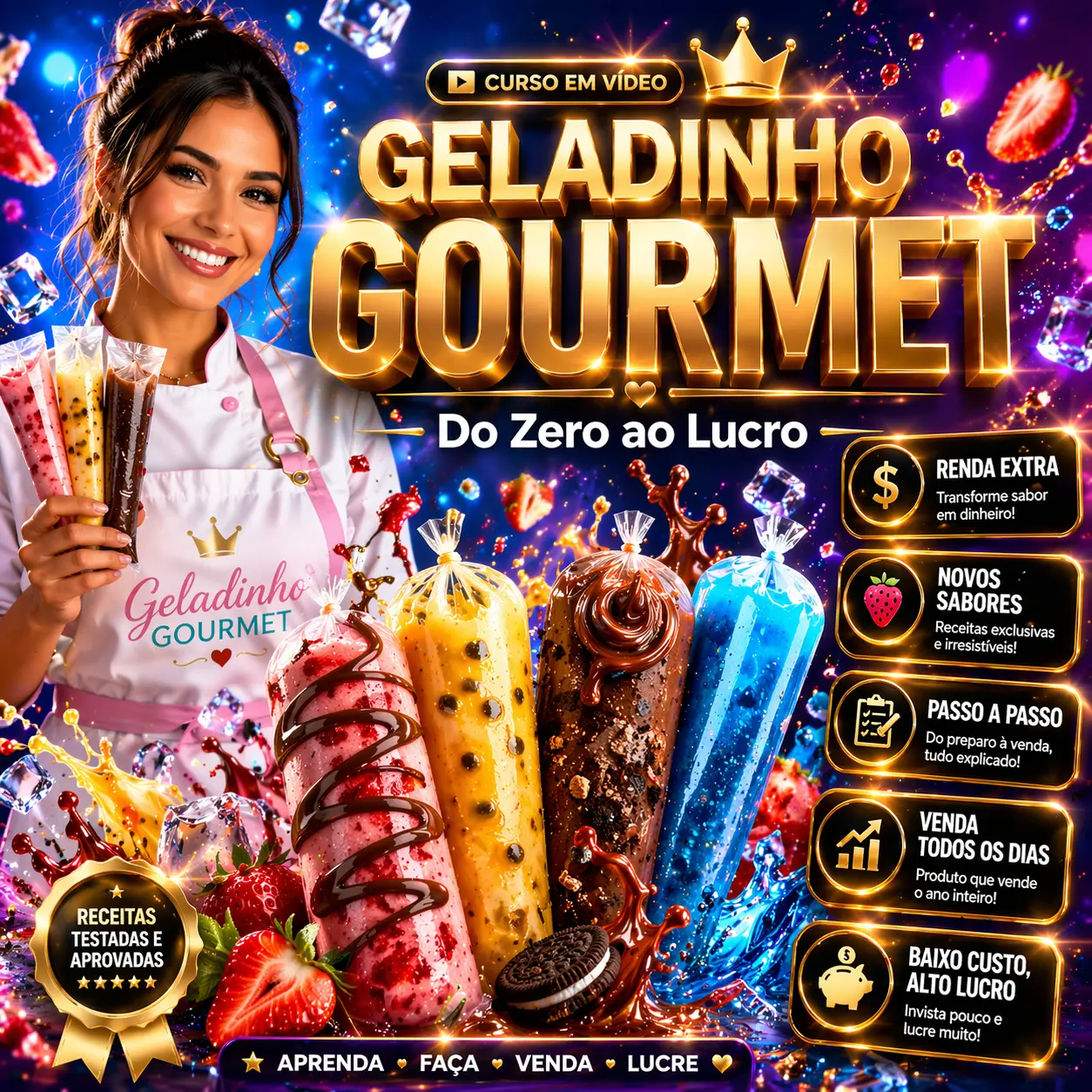 Aluna assistindo aula do curso de geladinho gourmet em vídeo mostrando a preparação da receita.