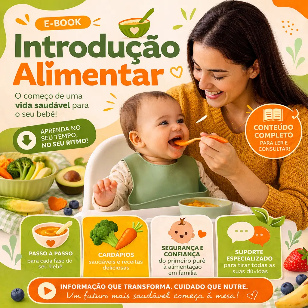 BEBÊ SORRIDENTE EXPLORANDO ALIMENTOS SAUDÁVEIS NA INTRODUÇÃO ALIMENTAR GUIADA PELO EBOOK.
