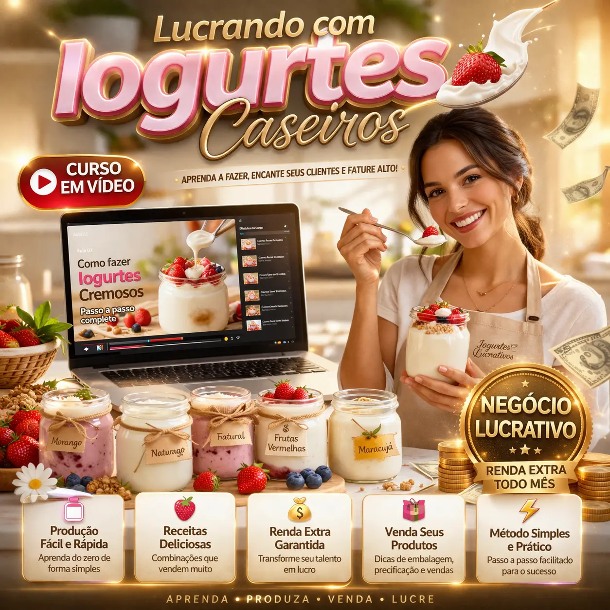 Iogurte caseiro cremoso em frasco de vidro com frutas frescas em curso em vídeo de receitas naturais.
